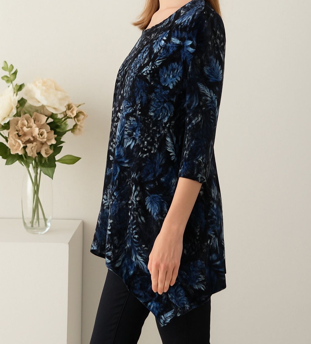 Piękna bluzka asymetryczna welurowa 44 XXL czarna w kwiaty plus size