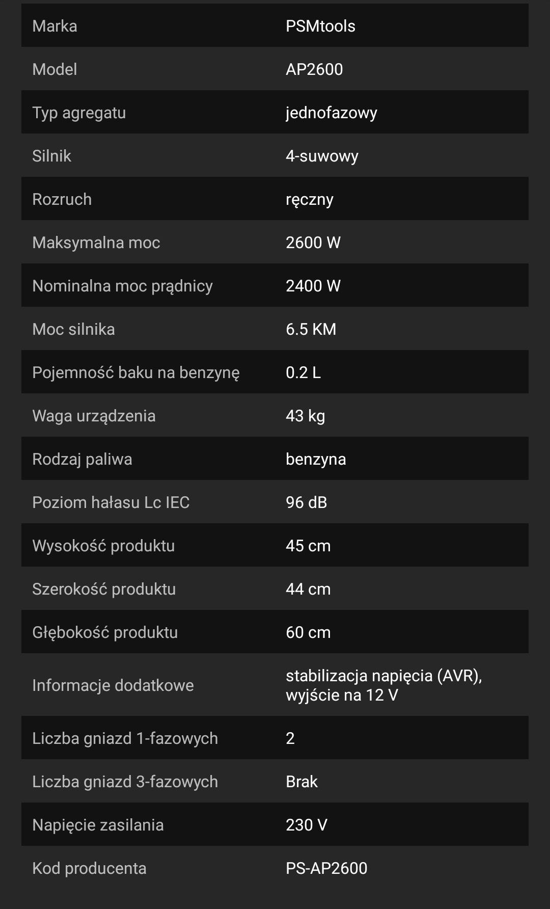 Agregat prądotwórczy 2600W NOWY