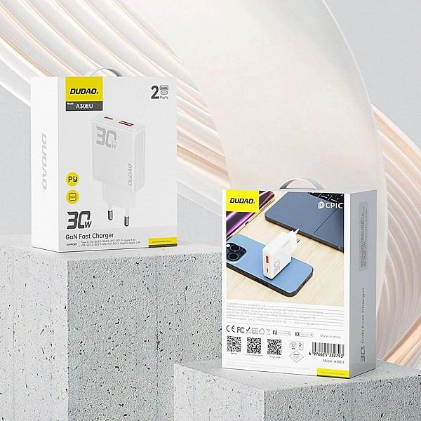Ładowarka sieciowa GaN Dudao A30EU 30W USB-A / USB-C - biała