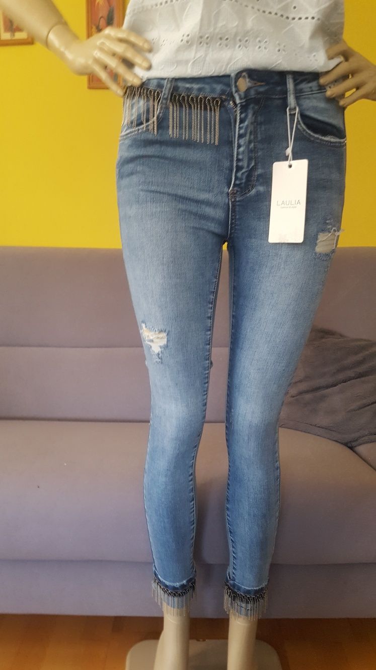 Spodnie jeansowe S, XS, 36, skiny, frędzle modne ładne