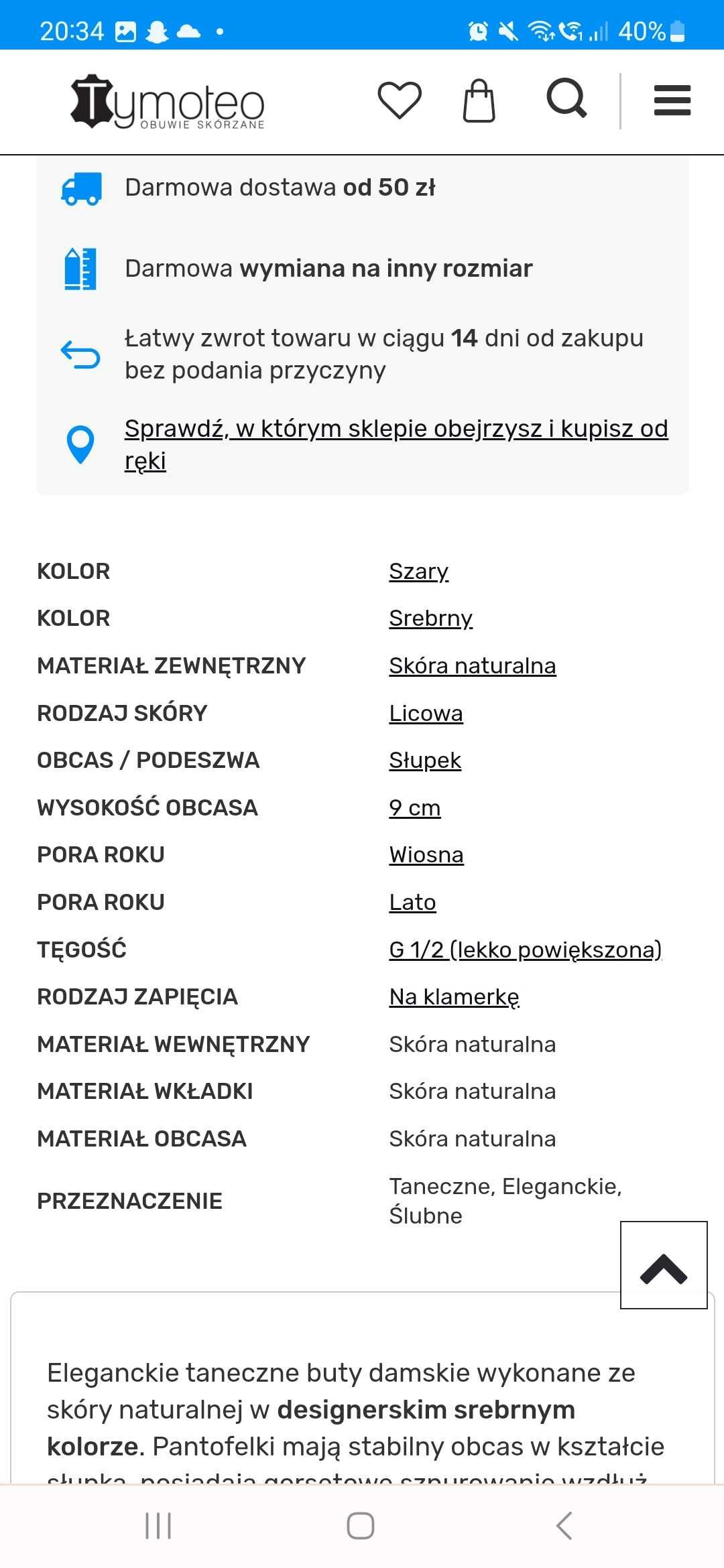 Srebne Skórzane Buty Na Słupku Kotyl 38 (25cm)