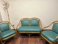 Zestaw mebli skórzanych sofa + 2 fotele + szklany stół + szklany barek