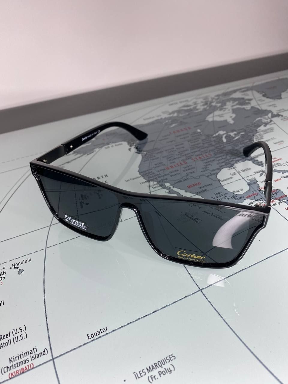 Очки маска Cartier солнцезащитные мужские черные глянцевые Polarized