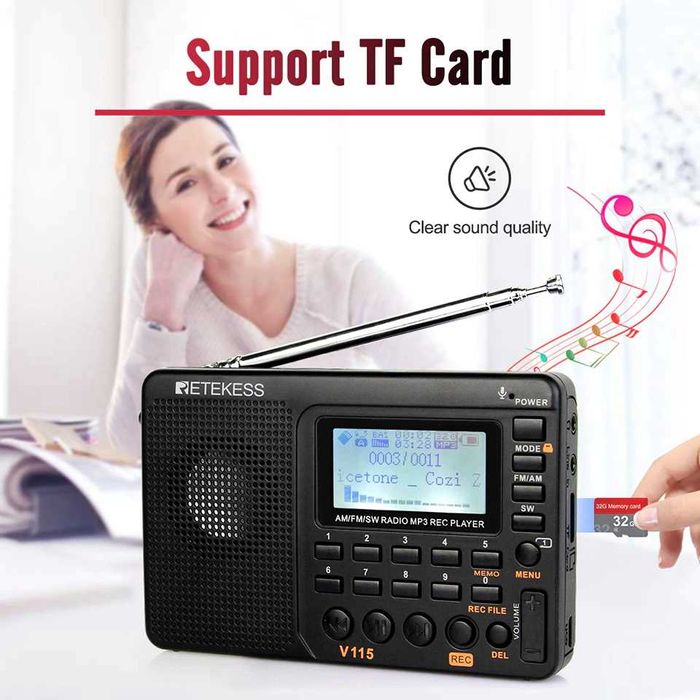 Retekess V115 портативний цифровий радіоприймач FM/AM/SW  MP3 плеєр