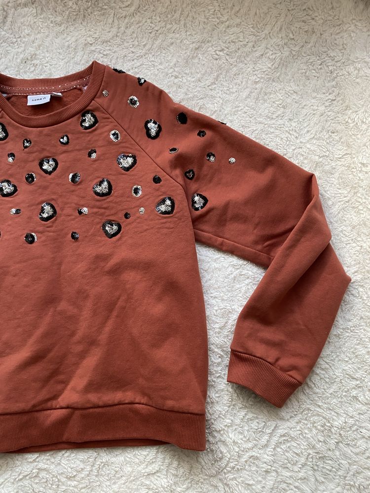Bluza sweter brązowy rudy cekiny panterka 8/9/10 lat