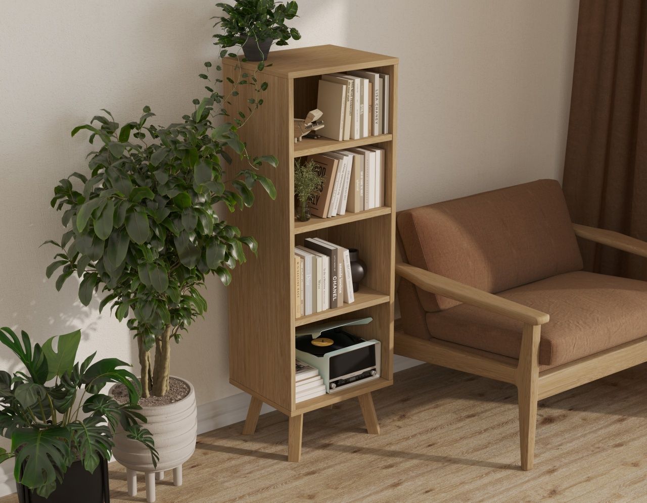 Drewniany regał z 4 półkami 136 cm (dąb fornir)