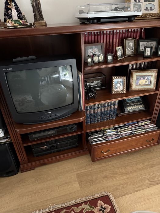 Movel para TV, sistema de som, livros e arquivo de CD