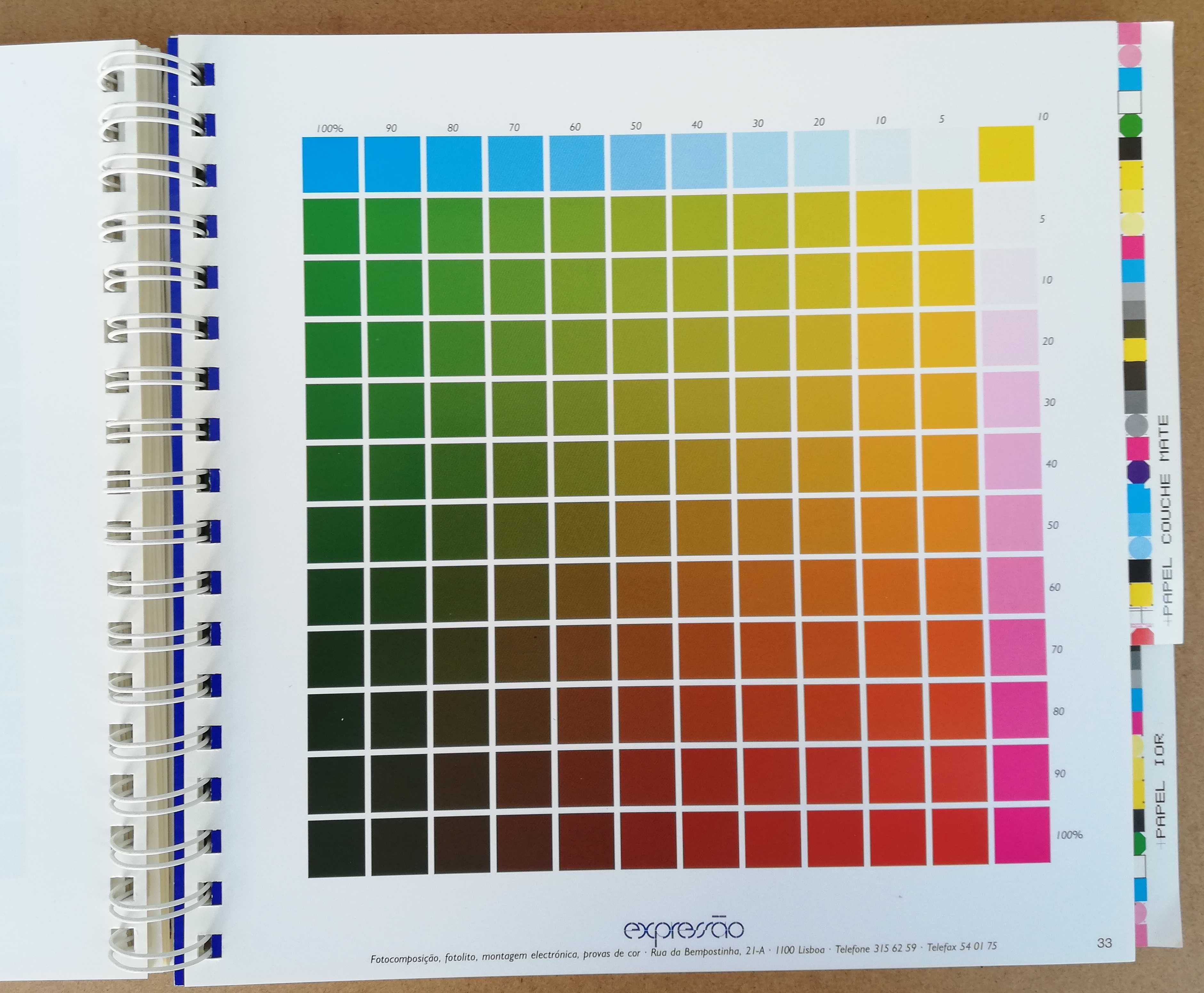 Carta de cores c/ 35 escalas impressa em offset em 3 papéis diferentes