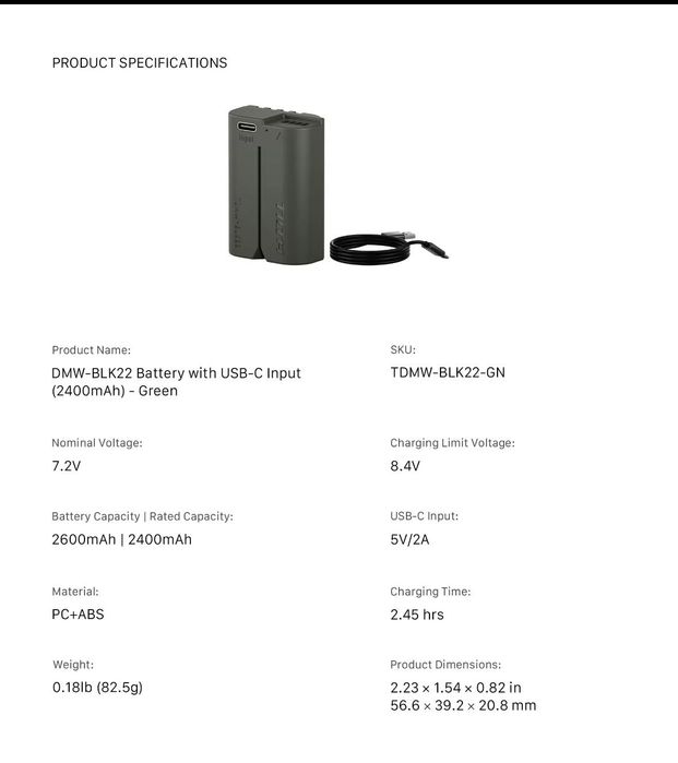 Akumulator Tilta DMW-BLK22 z USB-C, kompatybilny z Panasonic