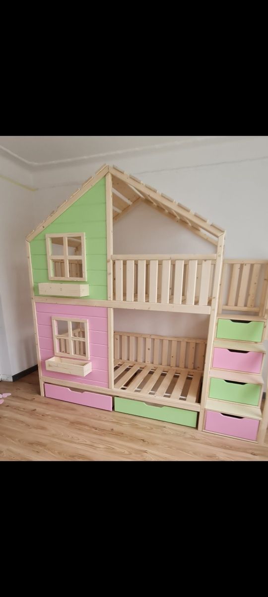 Łóżko piętrowe domek drewniany +kolor 80x180