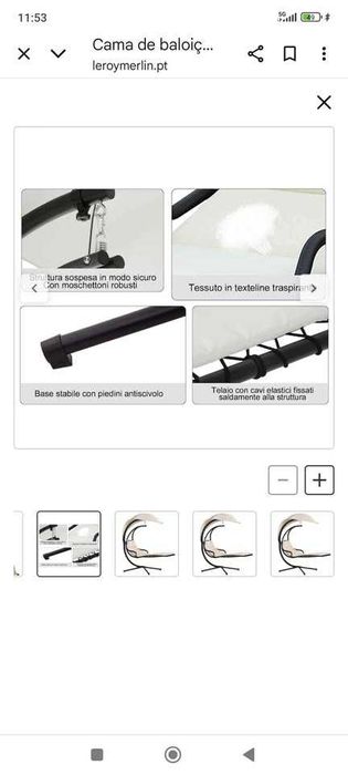 Cama de baloiço suspensa "no chão" em aço com almofada e capota