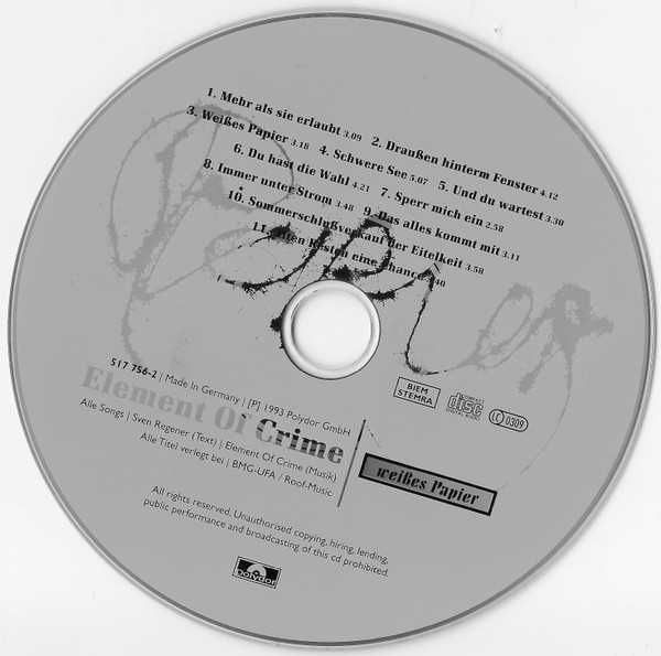 ELEMENT OF CRIME cd Weibes Papier               indie art rock