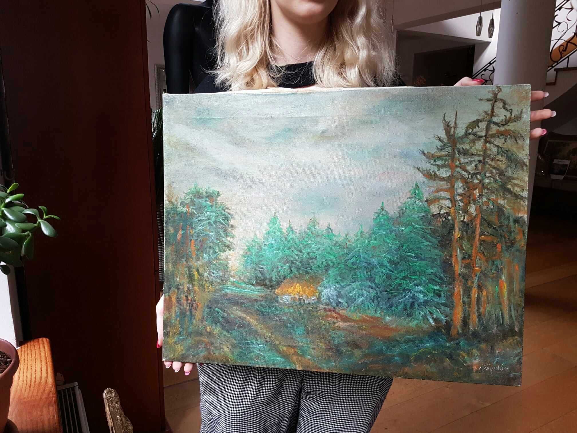 Obraz ręcznie malowany płótno Tajemnicza Chatka w Lesie RAJEWSKI 50x40