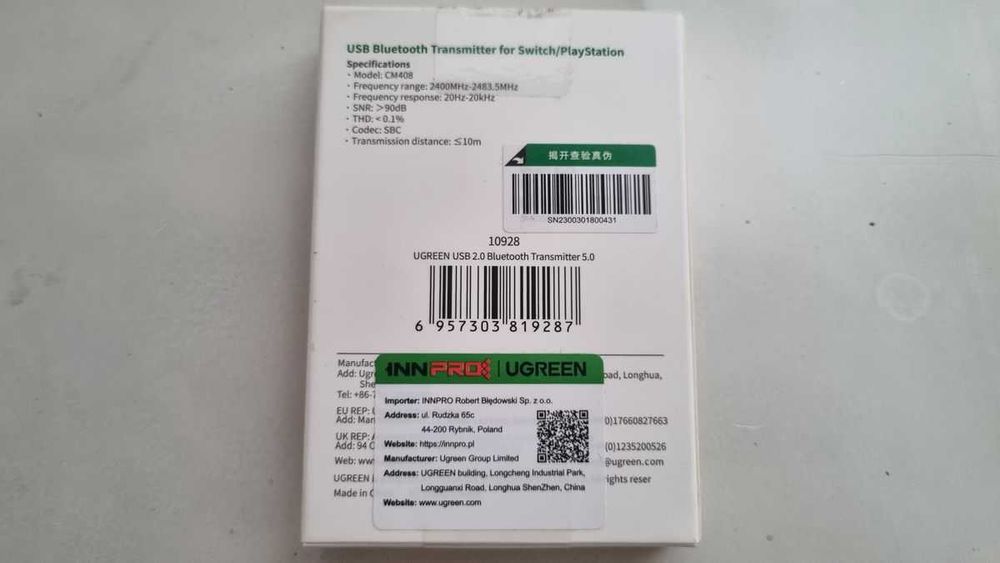 Ugreen CM408 adapter USB bluetooth 5.0 PC PS Switch słuchawki czarny