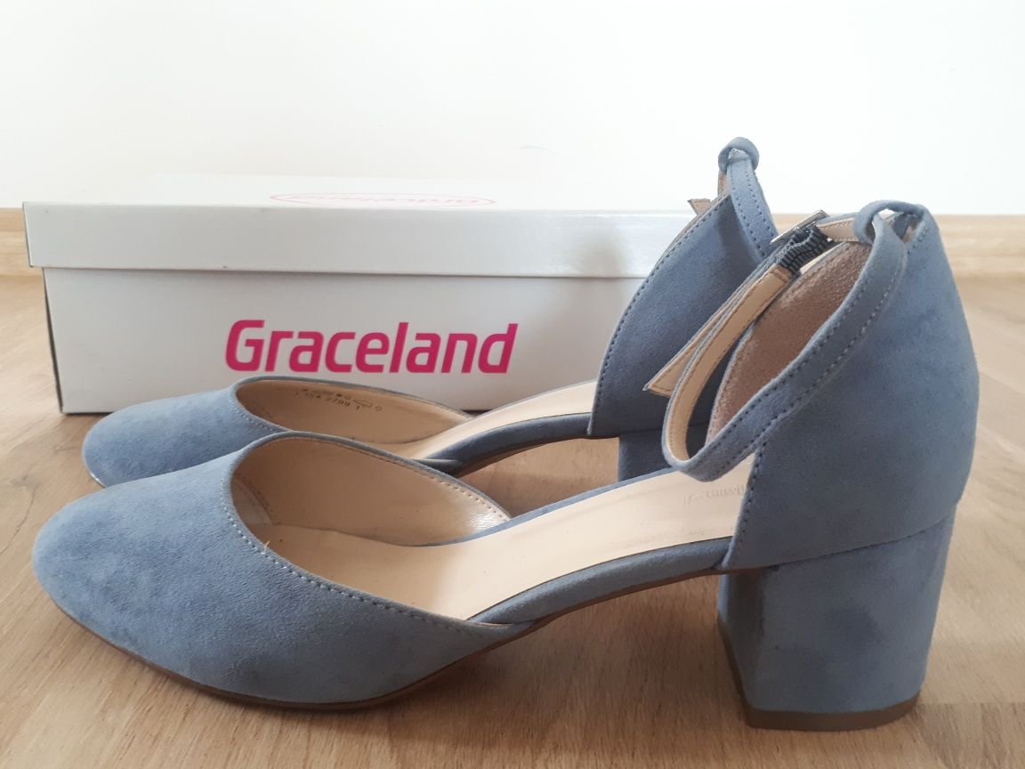 Graceland Deichmann błękitne buty na obcasie