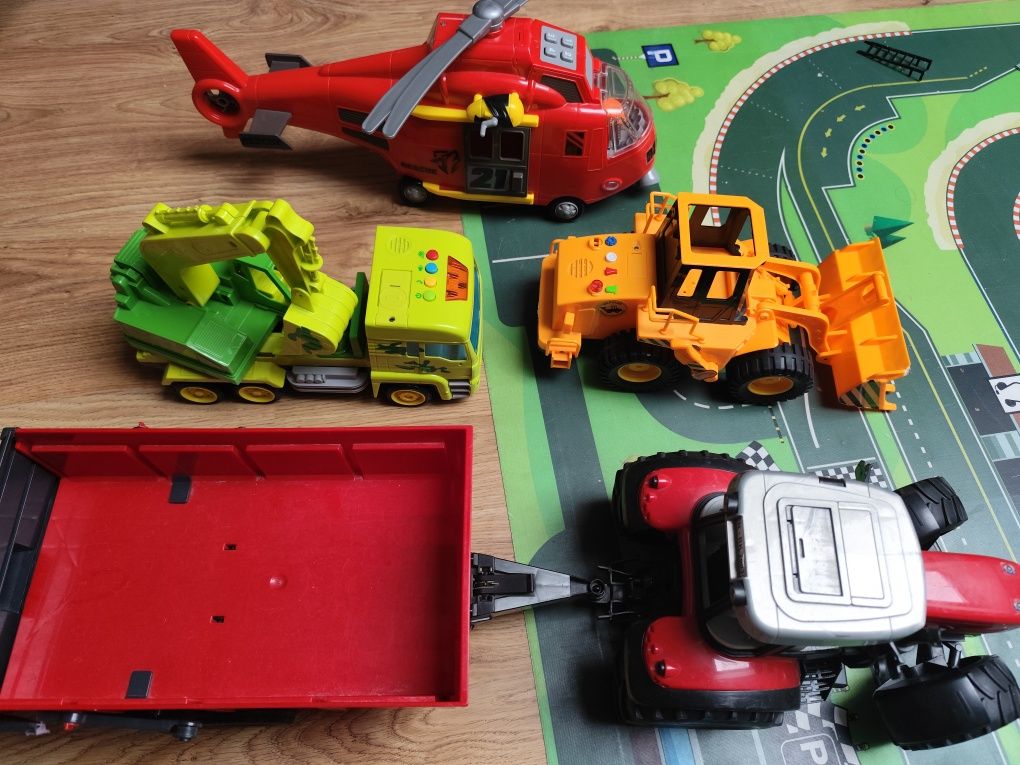 Zestaw auta duże pojazdy traktor helikopter
