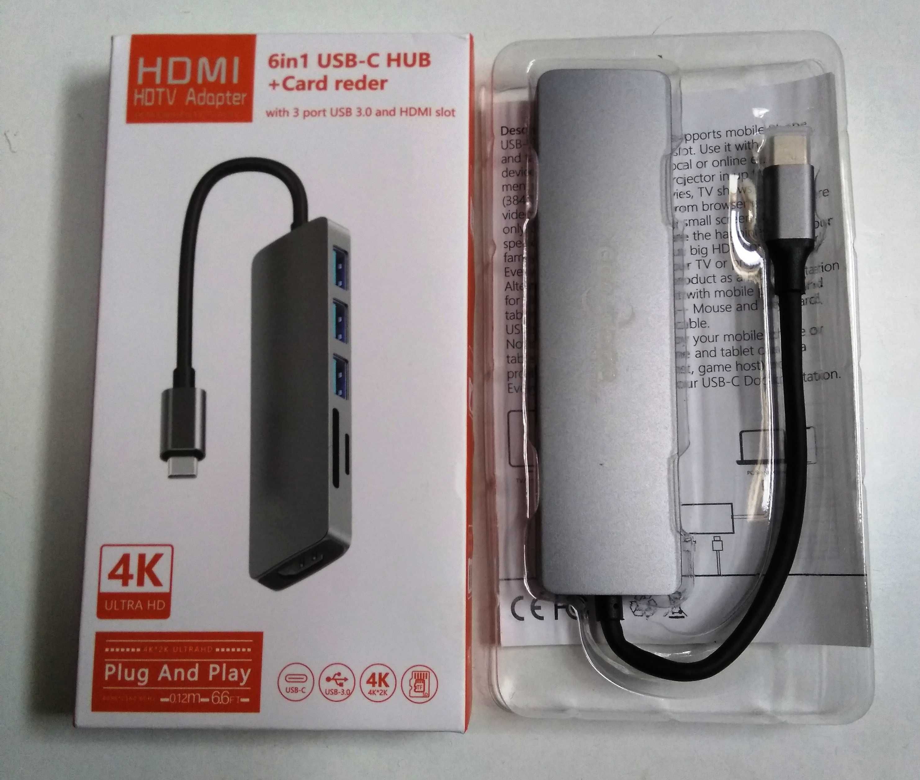 Hub 6 em 1, usb type c, adaptador para usb 3.0, HDMI, cartões SD