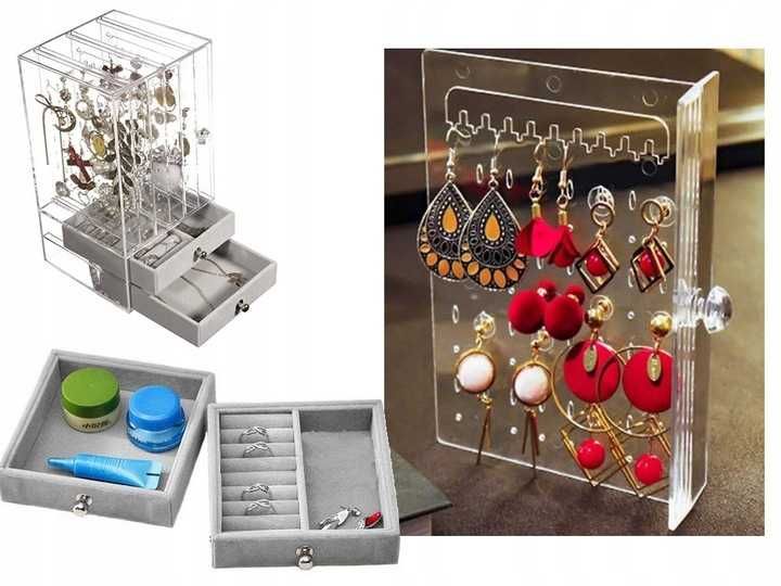 Szkatułka organizer ekspozytor z ZAMSZEM pojemna solidna z szufladkami