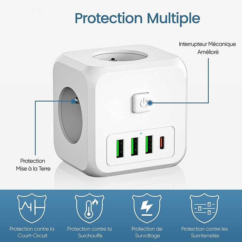 Мережевий фільтр-трійник 3 розетки 3 USB, 1 TYPE-С. Fast Charge