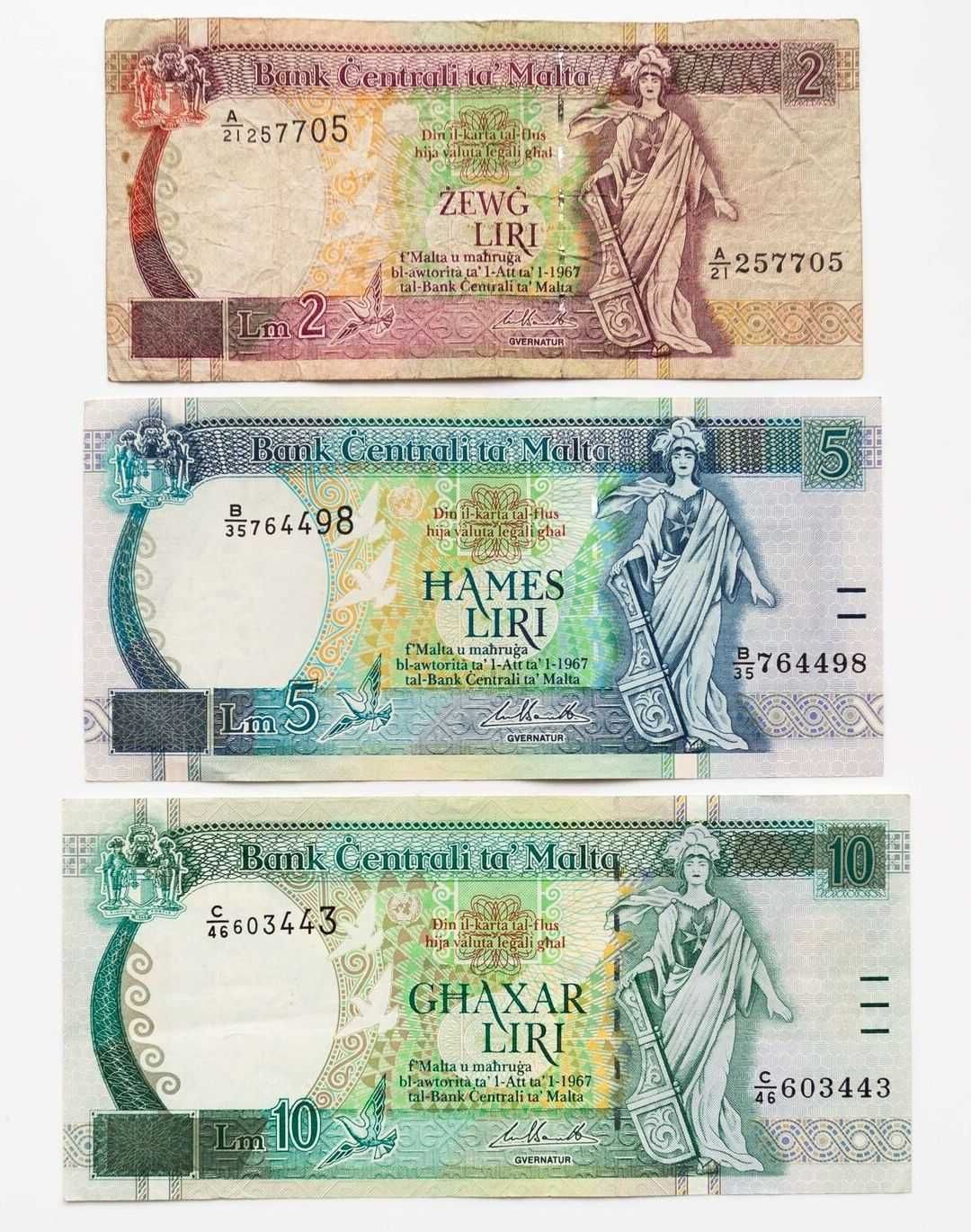Banknoty Malta 2, 5, 10, lira maltańska, zestaw 3 sztuk