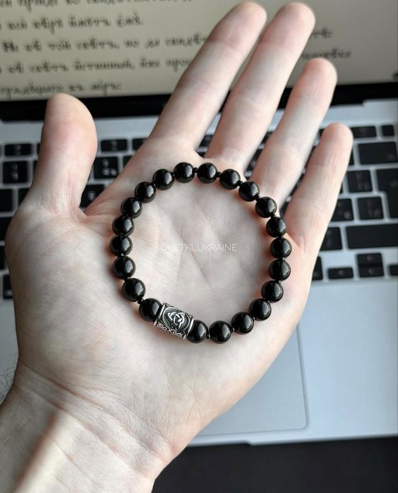 Чотки з каменю 8мм на руку Четки на руку мужской браслет черный сталь