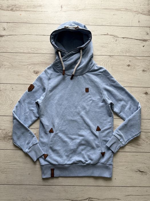 Bluza damska oversize niebieska z wysokim kołnierzem i kieszeniami