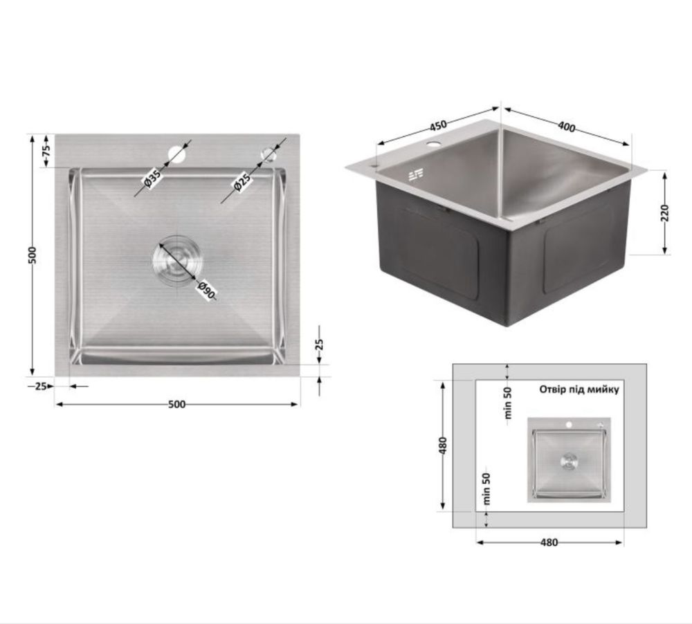 Кухонная мойка Lidz Handmade 50*50 Brushed steel