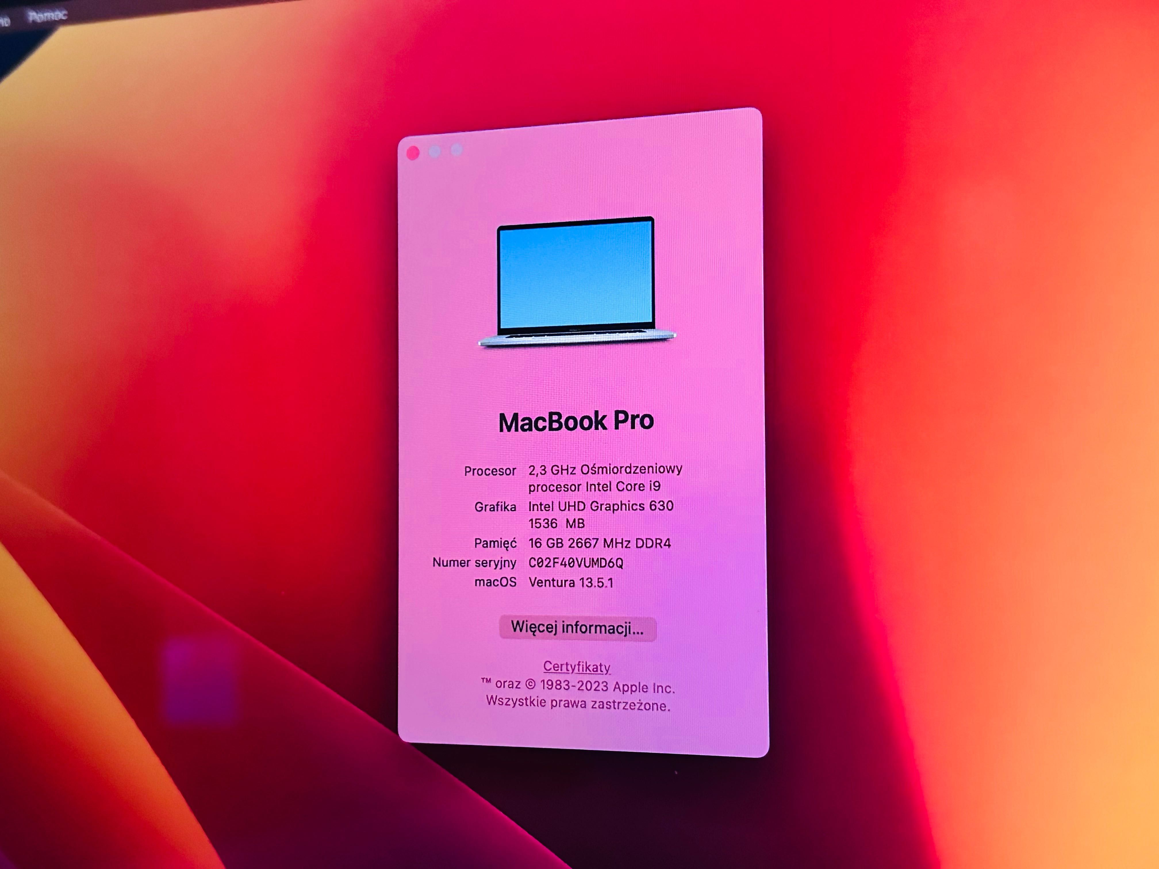 Apple MacBook Pro 16 2019 i9 16GB RAM 1TB SSD Silver Bez Blokad