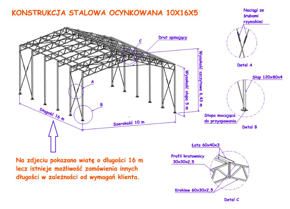 Konstrukcja ocynkowana 10m x12 m wiata garaż hala magazyn