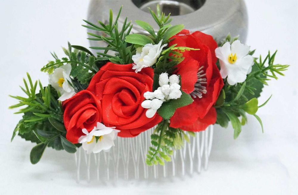 Grzebyk ozdoba do włosów zieleń i czerwień z bielą. Ślub