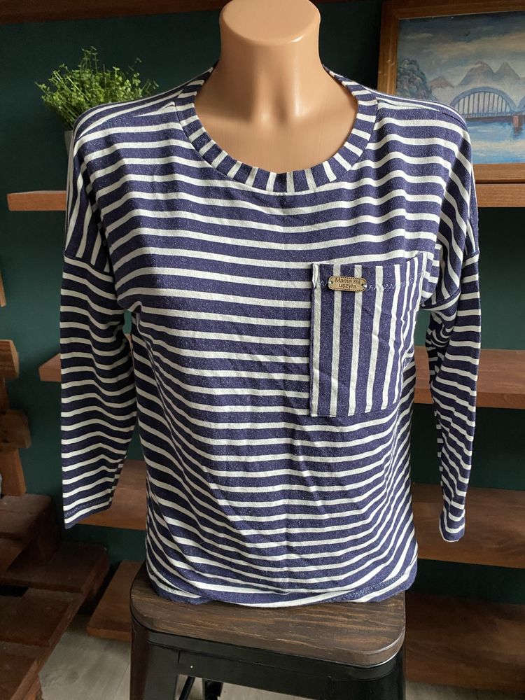 Sweter w paski niebiesko biały handmade S
