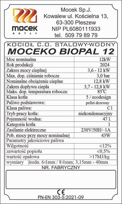 Kocioł na pellet, Moceko BIOPAL 12kW, piec dotacje OD RĘKI MOCEK ZUM