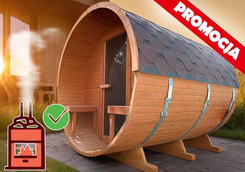 Sauna Ogrodowa Beczka 2,4m z Przedsionkiem, Dostępna. Ruska Bania
