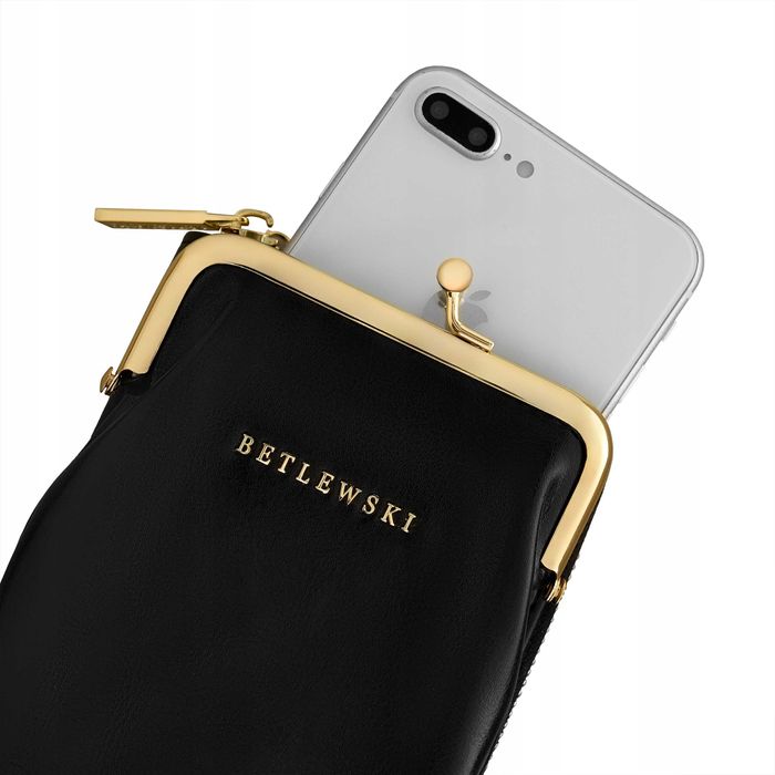 BETLEWSKI Mała Torebka Damska Etui Na Telefon Smartfon Czarna Skórzana