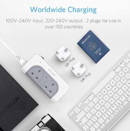 BESTEK 200W Konwerter napięcia listwa zasilająca 4porty ładowaniem USB