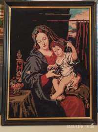 Икона. Старинный гобелен "Мадонна с младенцем", 48х38 см, Германия