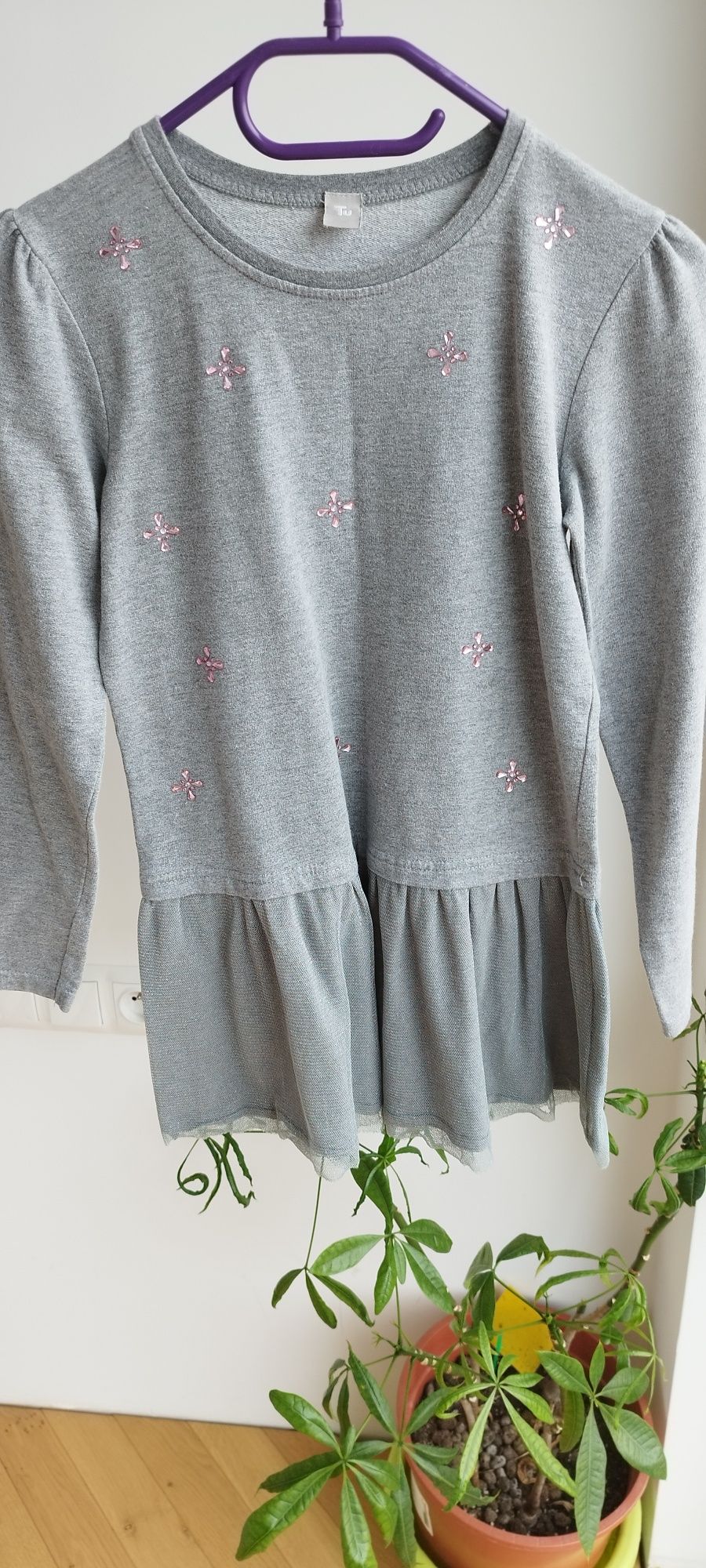 Bluza tunika tiul kryształki kwiaty różowa srebrna 140