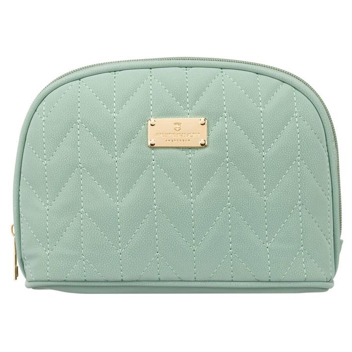 praktyczna kosmetyczka damska w kolorze zielonym pokryta jodełkowym