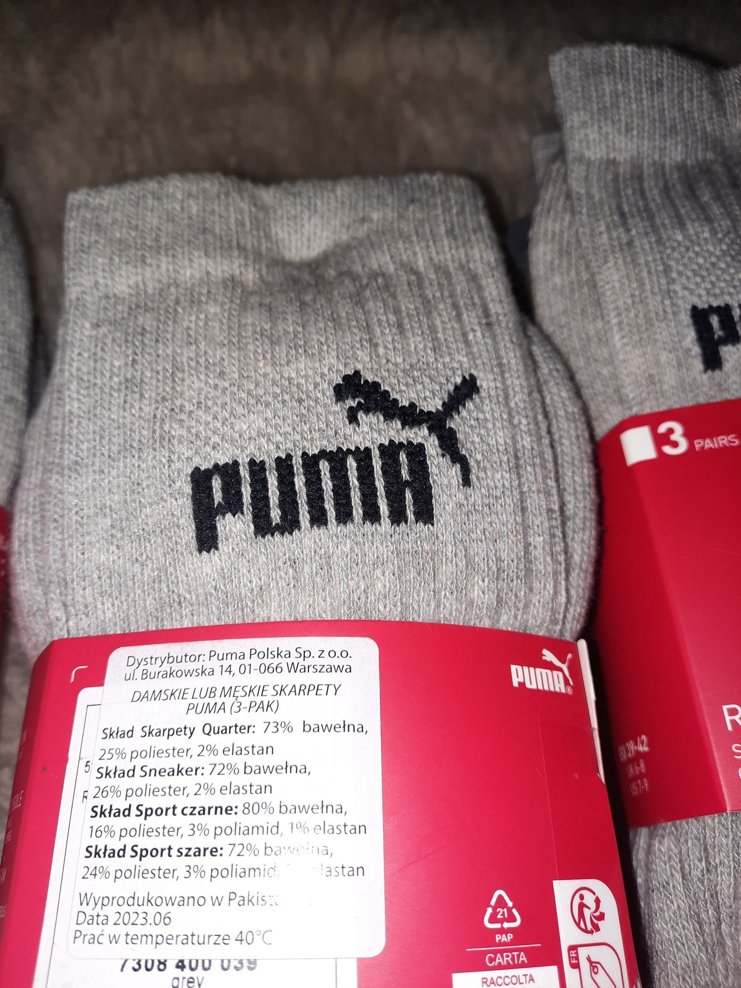 Szare skarpety 3-pac Puma rozm 39-42