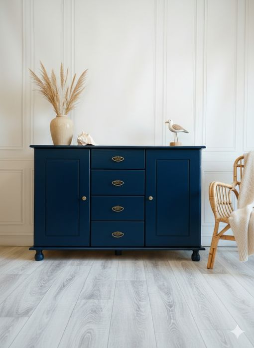 Odnowiona drewniana granatowa komoda / szafka RTV