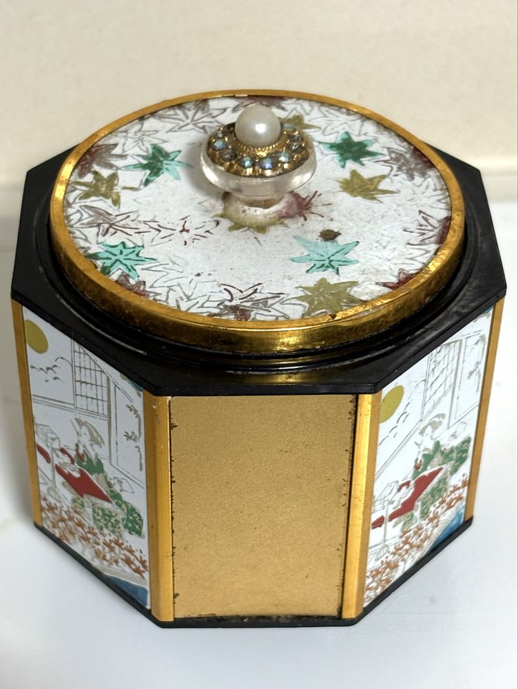 Linda caixa de pó de arroz asiática vintage com caixa de música