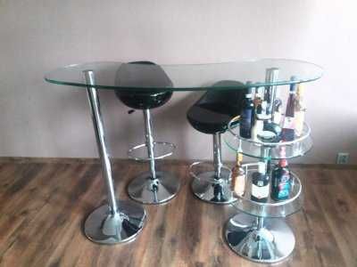 Barek szklany stolik bar chrom + 2 hokery stołki