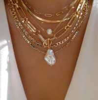 Wielowarstwowy naszyjnik perełka wisiorek łańcuszek kolor złoty boho