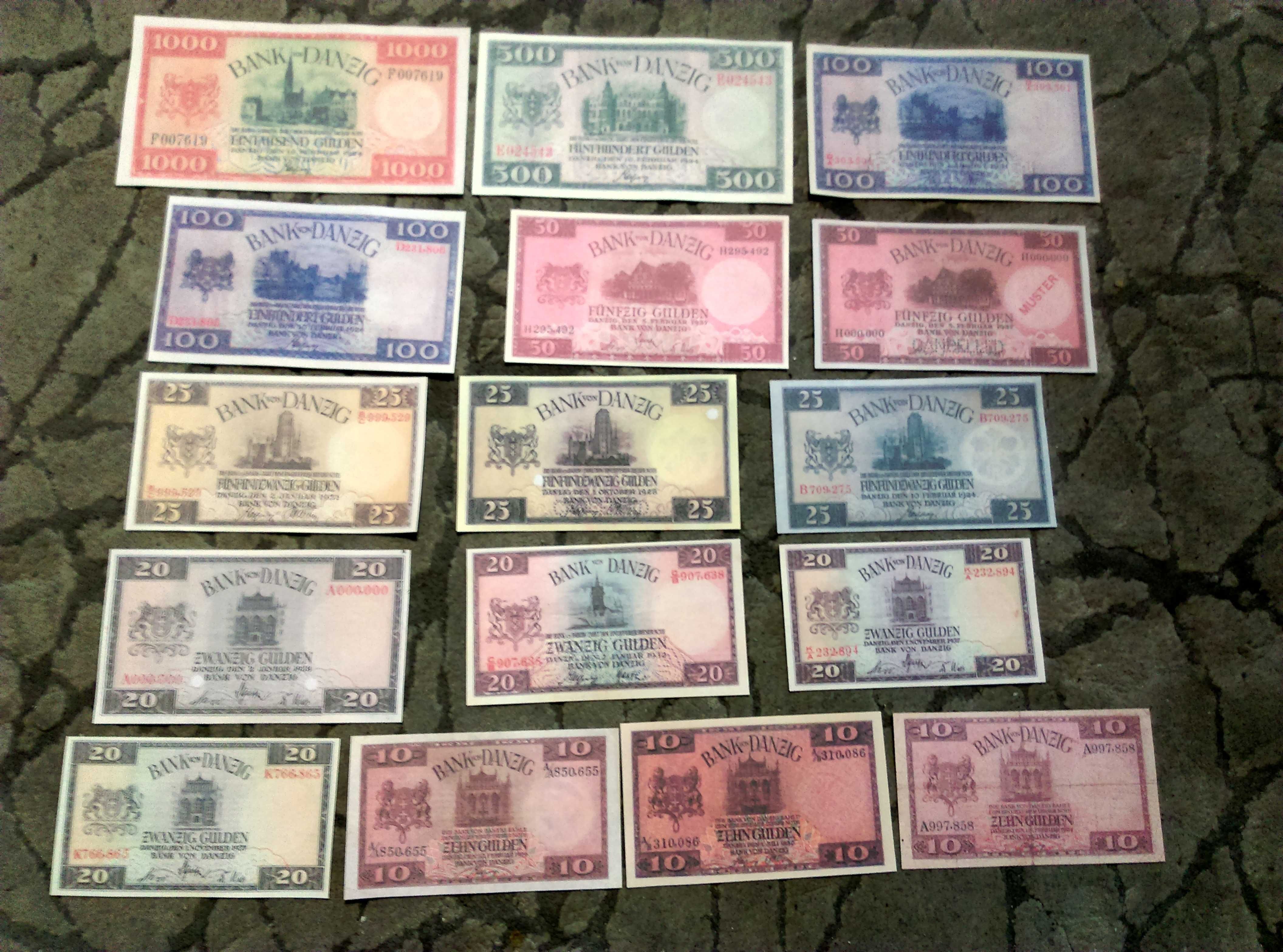 Wolne Miasto Gdańsk zestaw guldenów 16 banknotów od 1924 do 1938 roku