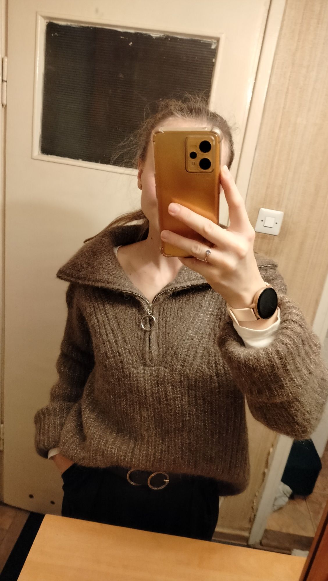 Sweter wełna alpaka brązowy golf suwak