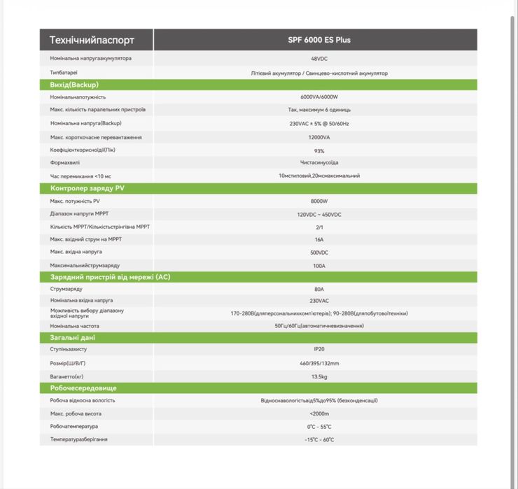 Growatt SPF 6000 ES — інвертор 6 кВт (гібридний, 48V, офіційний) deye