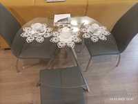 Stół szklany i 3 szare krzesła z ekoskóry