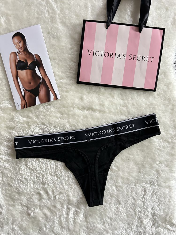 Victoria’s Secret czarne majtki M stringi logo oryginalne bawełna
