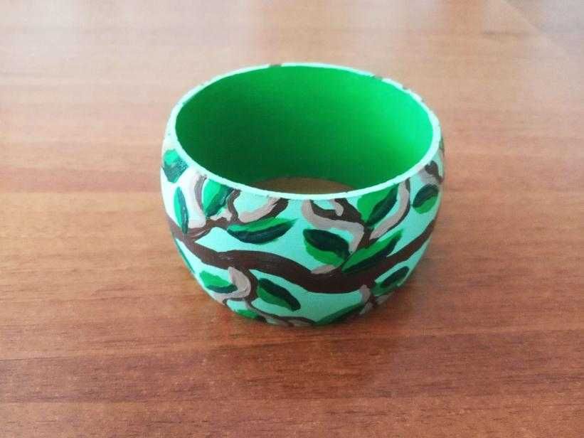 Drewniana Bransoletka, Motyw Roślinny, Zielona, Liście