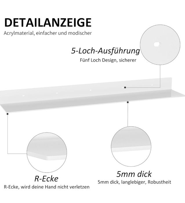Białe pływające akrylowe półki do dekoracji ścian, zestaw 2 szt